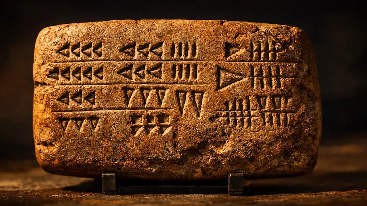 Babylonian cuneiform tablet with numerical markings carved into clay, lit with warm museum lighting