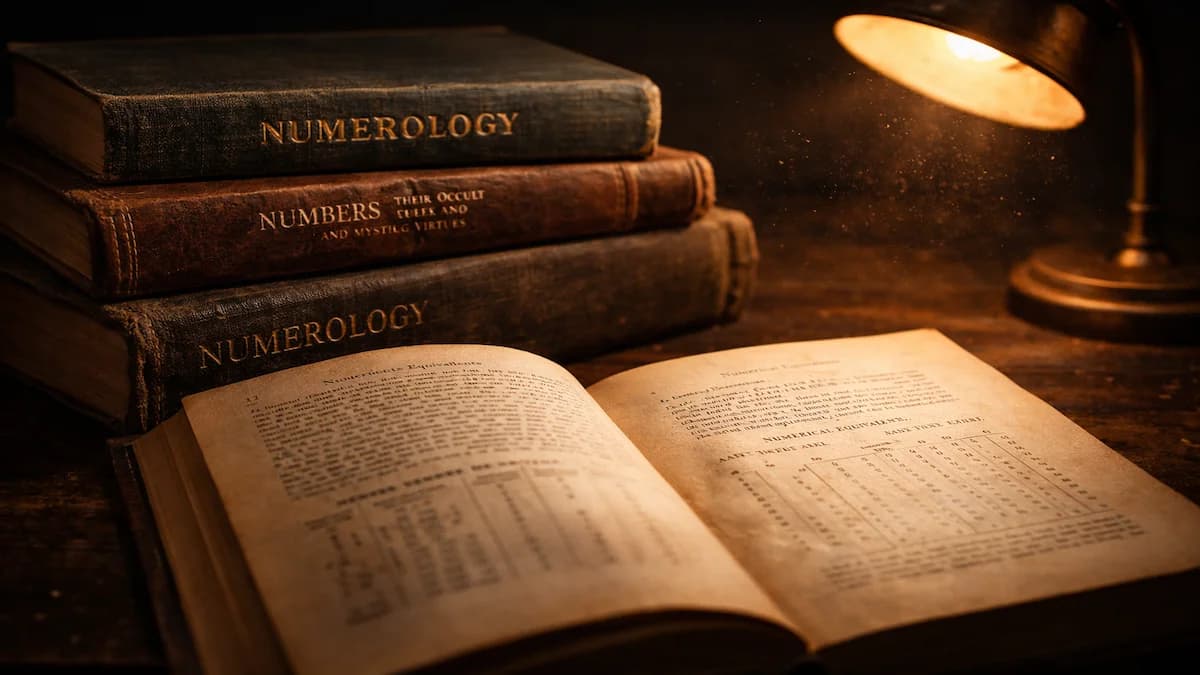 Antique numerology books stacked beside an open volume under the light of a brass desk lamp