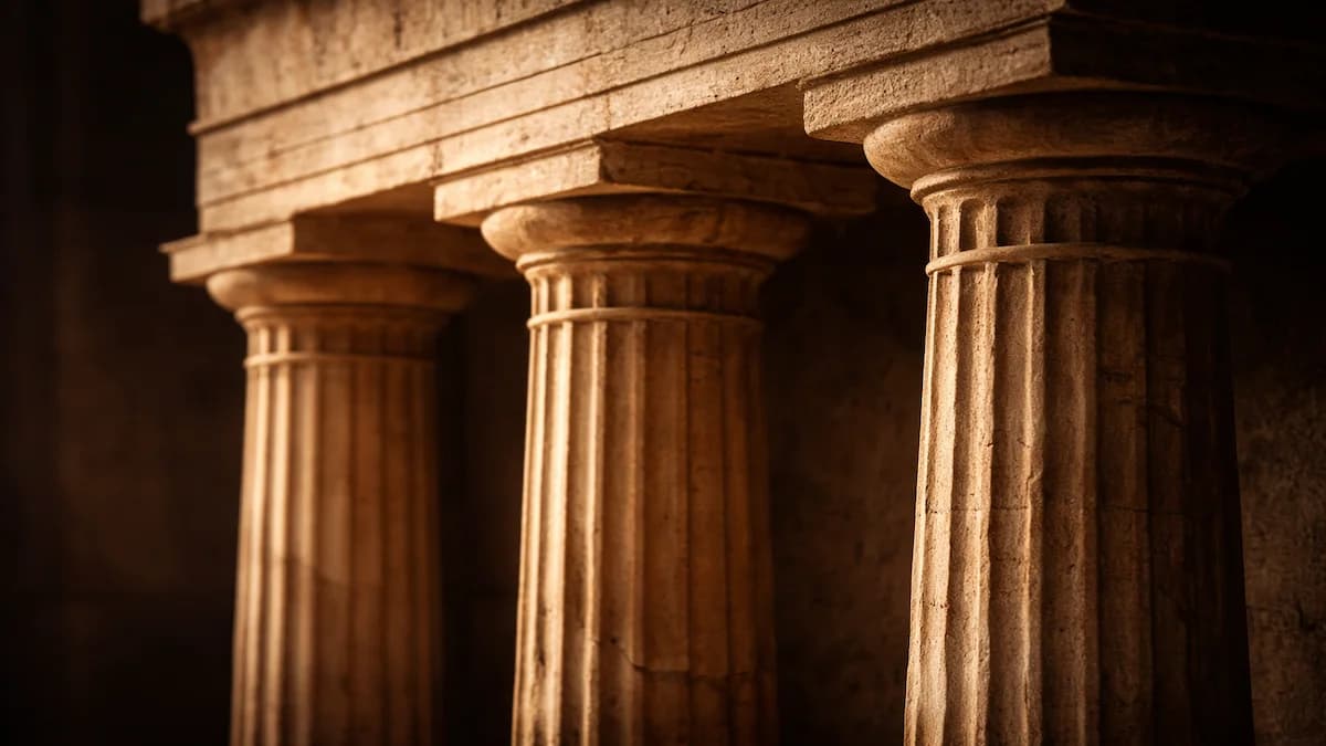 Doric columns of a Greek temple lit with warm sidelight, evoking the architecture of Magna Graecia where Pythagoras taught
